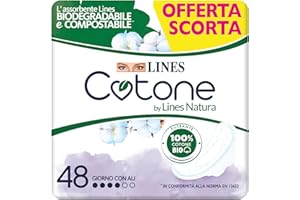 Lines Cotone by Lines Natura con Ali, 48 assorbenti in cotone per il giorno, Biodegradabile e Compostabile. Filtrante 100% cotone Bio delicato sulla pelle, pacco scorta.