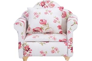 TOKANEIT Miniaturowe meble, kanapa, domek dla lalek, mini fotel, fotel 1/12, model "zrób to sam", miniaturowe meble, akcesoria, wzór kwiatowy, zestaw mini mebli z poduszkami na oparcie (różowe, małe kwiaty)