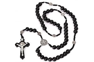 Siganorpy Wood Rosary Necklace Wooden Smooth Beads Catholic Cross Necklace Religious Jewelry Catholic Jesus Cross Pendant Necklace for Men (Black)