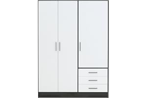 ‎FORTE FORTE Jupiter Schrank 140 150, Kleiderschrank, Drehtürenschrank, 3-türig, mit 3 Schubladen und Einlegeböden, Schwarz Weiß, 145 cm breit x 60 cm tief x 200 cm hoch