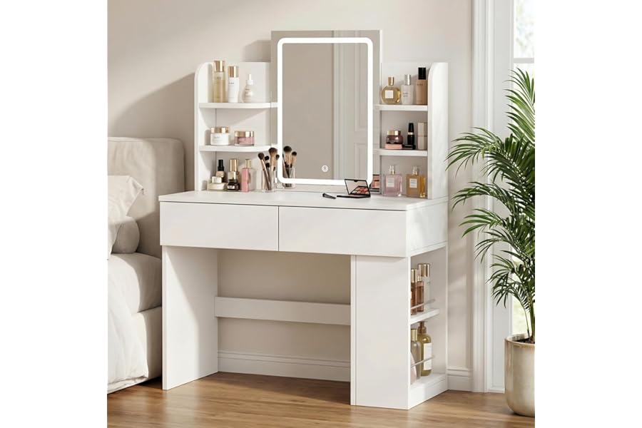 JUMMICO Dressing Table with LED Mirror,Vanity Desk with 2 Large Drawers,Adjustable Brightness,Makeup Table with Open Shelves and Sideboard,Bedroom Furniture (White, 90cm)