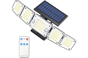 Lampe Solaire Exterieur DéTecteur de Mouvement,7000K Spot Solaire 5 Têtes Lumiere Solaire Exterieur mit Télécommande, IP65 Spot Solaire Exterieur,2400 mAh Angle d'éclairage à 360, 3 Modes Led Solaire