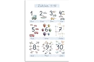 HEIMISCH WUNDER Zahlen Poster für Kinder - Zahlen 1-10 mit Fahrzeugen für Kinderzimmer - DIN A4 Lernposter mit Zahlen - Plakat ohne Bilder-Rahmen - Zimmer Deko - Zahlen Kinderposter