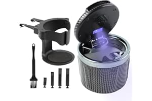 Geoyien Aschenbecher Auto, Auto Aschenbecher mit Deckel, Geruchsdicht, mit Halter und Reinigungsbürste, Automatisches LED-Licht, Batterie Austauschbar, Versiegelt, Flammhemmend (Grau)