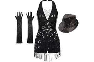CHICTRY Women's Sequins Leotard Ballroom Dance Dress Costume Cocktail Outfits with Gloves and Hats