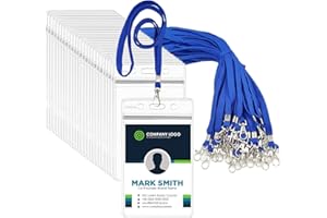 Fushing 50 etiquetas verticales de plástico transparente para nombres, tarjetas de identificación y cordones azules para el cuello con gancho giratorio para la escuela, festival, evento