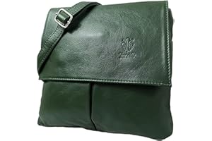 LeahWard Womens Double Pocket Messenger Bag Genuine Italian Soft Leather Cross Body Shoulder Bag Handbag (Dark Green)