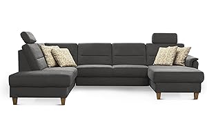 ‎CAVADORE CAVADORE U-Form-Sofa Palera / Federkern-Wohnlandschaft mit 2 Kopfstützen / 314 x 89 x 212 / Mikrofaser, Grau