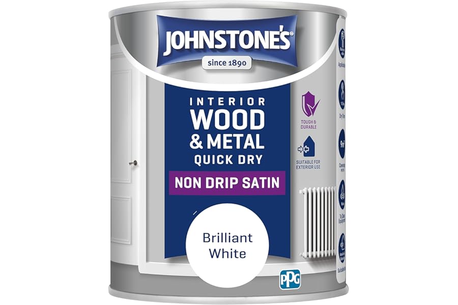 Johnstone's - Wood & Metal Paint - Satin Finish - Brilliant White - 750ml - Water Based - Non Drip & Quick Drying - Radiator Paint - Low Odour - Dry in 1-2 Hours - 8m2 Coverage per Litre