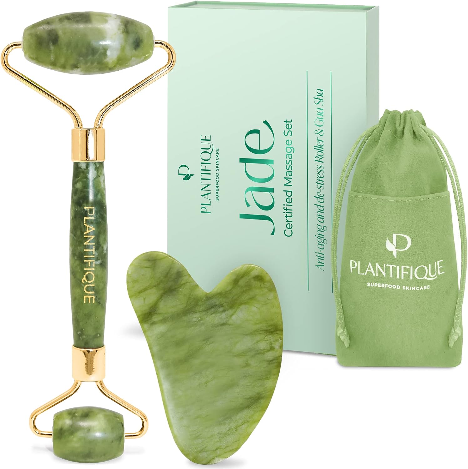 PLANTIFIQUE Gua Sha y Rodillo Facial de Jade - Masajeador Facial Antiarrugas para Tonificar la Piel - Face Roller - Rodillo Masaje y Guasha de Piedra Jade Auténtico