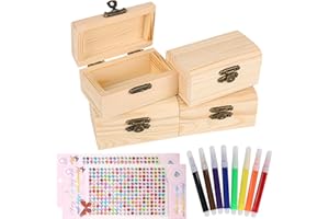 Trendecor 4 Stücke Mini Schatztruhe, DIY Schatztruhe Kindergeburtstag DIY Kleine Holzkiste mit Deckel mit 2 Stücke Aufkleber und 8 Stücke Graffiti-Stift für Kinder Bastelset Geburtstags
