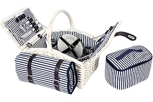 SELLTEX 4 Personen Weiden Picknickkorb Picknickkoffer Set Decke, Besteck (Weiß)