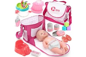 TOYSSA Accessori Bambole per Bambina, Gioco di Ruolo Giocattoli con Borsa Fasciatoio Portatile Vasino Pannolino Biberon, Adatto per 36cm Bambole Compleanno Regalo Bambina 3 4 5 6 Anni (Bambola Non Inclusa)