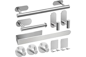 AIKER Toalleros de Baño Sin Taladro,Versión Completa Juego de Toallero de Baño 10PCS,Acero Inoxidable SUS304 de Espesada Accesorios Baño para Mueble Baño o Colgador Pared Decoracion baño-Plata