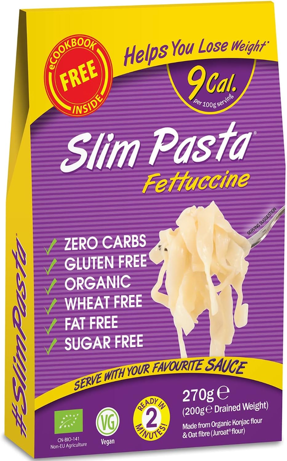 Slim Pasta - Fettucines de Konjac - 270 g - Sin Calorías ni Carbohidratos - Ideal para Dietas Keto y Low Carb - Aptos para Veganos - Elaborados con Agua Purificada, Fibra de Avena y Harina de Konjac
