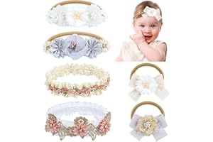 Dizila 6 Pieces Super Soft Stretchy Gray Khaki White Baby Girl Bow Flower Nylon Headbands Floral Lace Headbands Hair Accessories for Newborns Infants Toddlers Girls Kids