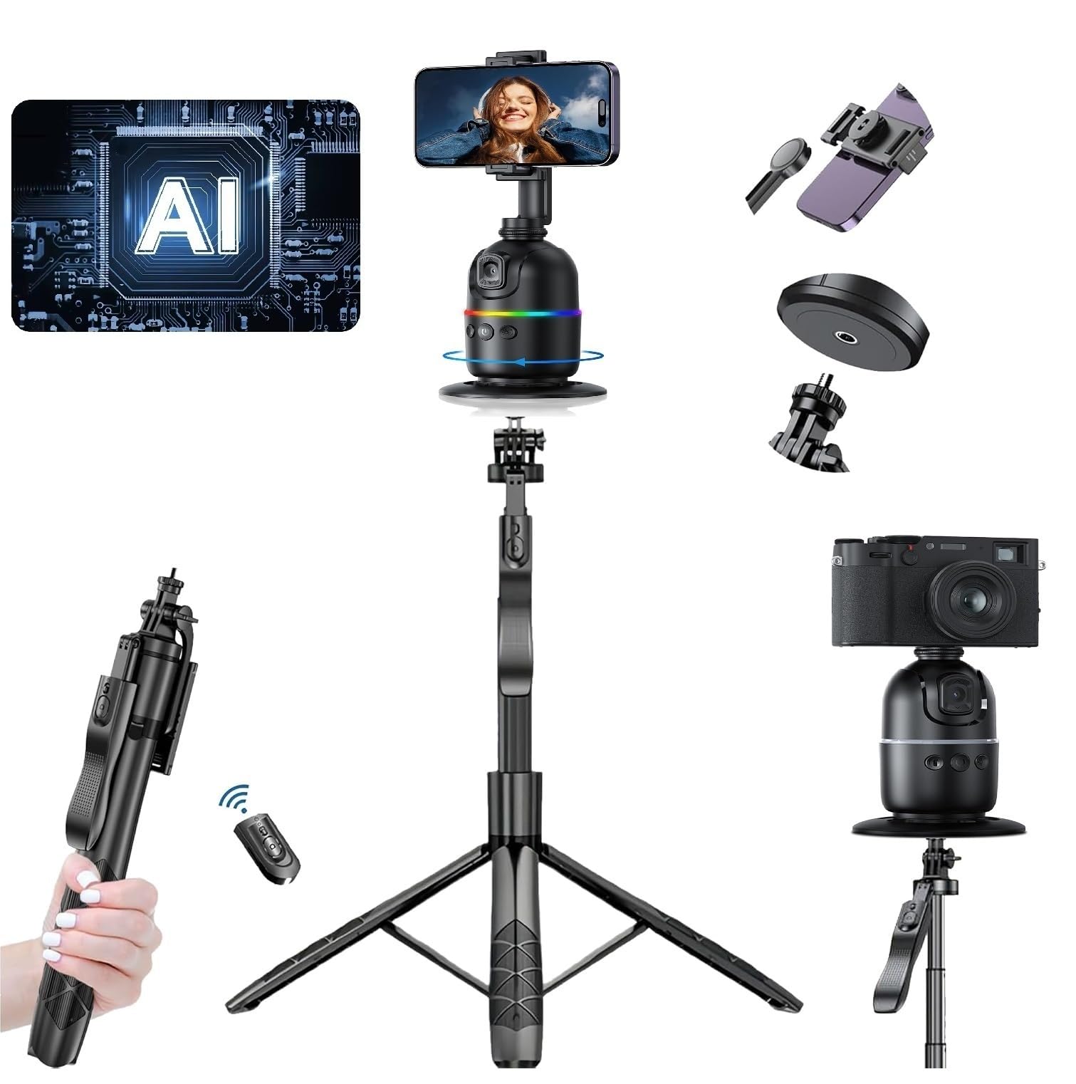 FKU L16 61" Tall Selfie Stick Aluminum Tripod Stand with Remote & P03 Auto Face Tracking Mobile Phone Holder, Compatible with iPhone/Android/GoPro (L16+P03 Auto Face Tracking Mobile Phone Holder)