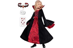 Funnlot Vampir Kostüm Mädchen Gothic Halloween Kostüm Kleid mit Vampir Zähne Kinder Karneval Fasching Kostüme Cosplay