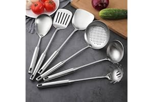 JXCBXJ Juego de Utensilios de Cocina de 6 Piezas,304 Acero Inoxidable,espátula y cucharón, cuchara de skimmer,espátula ranurada,cuchara de espagueti y cuchara de arroz,Apto Para Lavavajillas