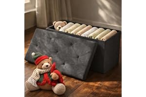 ‎DUMOS DUMOS Sitzbank mit Stauraum, Aufbewahrungsbox mit Deckel, 76 x 38 cm Truhenbank mit Stauraum, Sitzhocker mit Stauraum, bis 150 kg Belastbar, Fusshocker für Wohnzimmer Schlafzimmer Schlafsaal, Grau