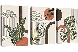 FAJERMINART 3 Pcs Quadri Boho Beige Botanico Foglie Stampa su Tela Con Cornice Quadro AMetà secolo Piante Linea Geometrico pittura su tela poster da parete Decorazione Murale Soggiorno Camera da letto 30x40cmx3