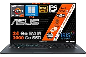 ASUS Ordinateur Portable Ryzen 7 7735HS, RAM 24Go DDR5, SSD 1To, Écran 15.6" FHD IPS, WiFi 6E, Webcam 1080p, Port Ethernet RJ45, Copilot IA, Clavier AZERTY Rétroéclairé, Empreinte Digitale, Win 11 Pro