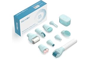 EBEIZI Lot de rouleaux Derma Roller 10 en 1, kit de rouleaux à micro-aiguilles pour homme et femme, comprend 9 têtes de rouleau remplaçables et une boîte de désinfection, rouleau à micro-aiguilles pour la