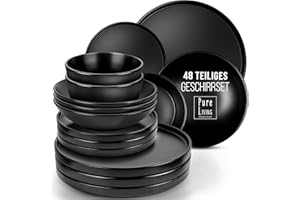 PURE LIVING INTERIOR DESIGN Kamionka czarna zastawa stołowa Manhattan 48-częściowy - naczynia czarne matowe nadają się do mycia w zmywarce i kuchenki mikrofalowej - zestaw naczyń czarny - zestaw talerzy czarny - czarne talerze