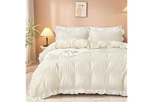 Guchuang Bedding Cream White Seersucker Duvet Cover Set King Size, Ruffled Trim 3-Piece Microfiber Bedding Set - Wrinkle-Resistant & Lightweight Design with Hidden Zipper (King, 220x230cm)