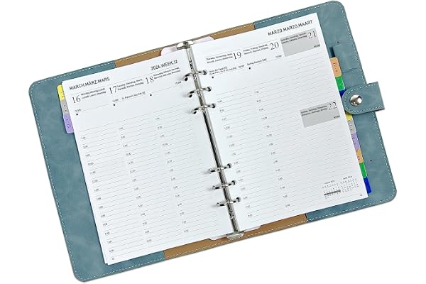 Agenda 2026 Semainier A5 Rechargeable, Vertical 7h-20h, 1 Semaine sur 2 Pages Organiseur avec Onglets Mensuel, Contact, Note, Poche, Porte-stylo, Couverture Souple PU Cuir, Planificateur Jan à Déc