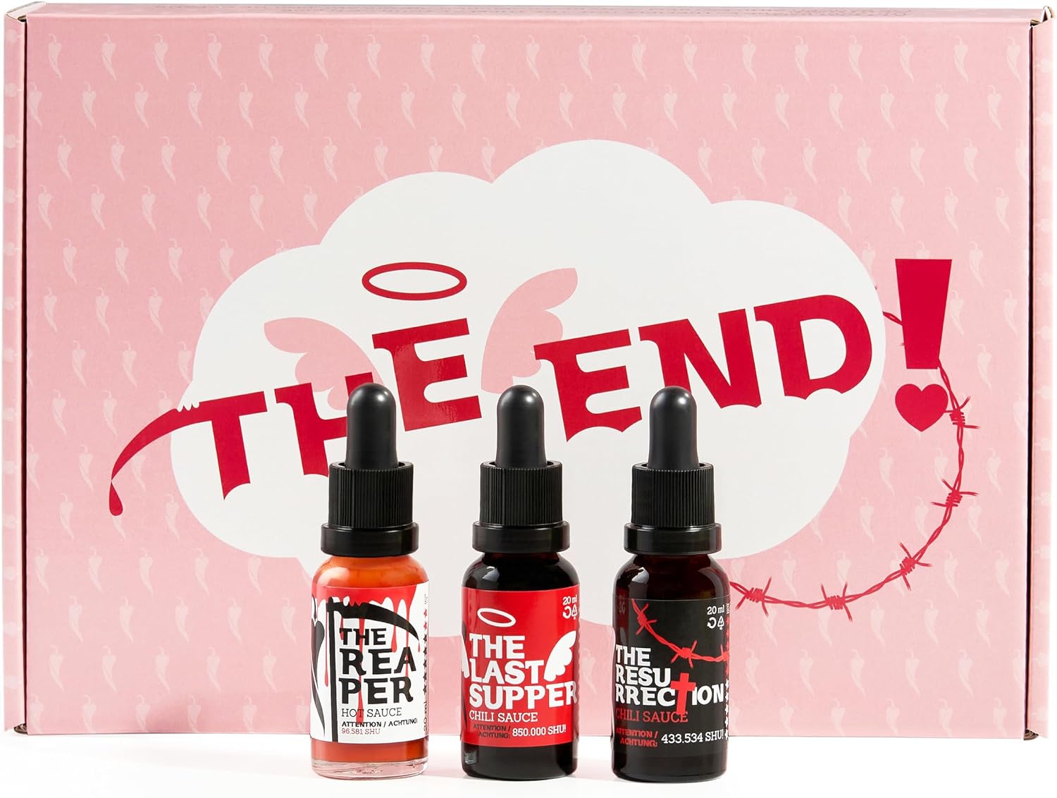 I LOVE SPICY The End – Estuche de 3 Salsas Picantes Extremas (3x20ml) con Carolina Reaper y Trinidad Scorpion – Regalo Gourmet para Amantes del Picante y Retos de Chile