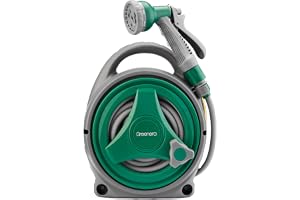 Garden Hose Reel 14M, 12m Water Pipe +2m Leader Hose, Hose Pipe Reel with 8 Adjustable Spray Gun Nozzles, Manual Retractable 