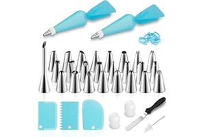 MENNYO Boquillas Manga Pastelera 55 Piezas,25 Boquillas de Acero Inoxidable, 2 Mangas Pasteleras de Silicona, Espatula & Rasqueta Panadero, Boquillas Pasteleras para Cupcakes,Tartas,Eclairs