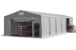 TOOLPORT Tente de Stockage Industriel 8x12 m Hangar 3m de Hauteur de côté bâche PVC 850 N, Gris, 100% imperméable pour Toute l'année avec Porte à Traction