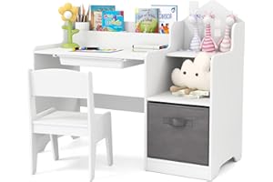 Maxmass Kids Desk and Chair Set, Wooden Children Study Table with Drawer, Open Shelves, Fabric Storage Bin, Toddler Writing Table Student Workstation for 3+ Years Old Boys Girls (White)