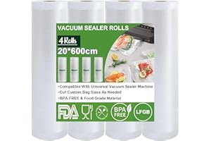 Omtofo Sacchetti Sottovuoto Alimenti, 20x600cm, 4 Rotoli, Buste Sottovuoto Alimenti Senza BPA, 190 µm, Rotolo Sottovuoto Alimenti per Macchina Sottovuoto e Cottura Sous Vide