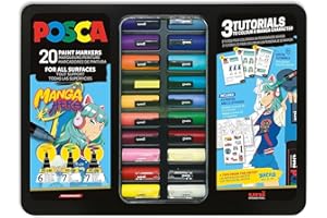 POSCA - Mitsubishi Pencil - Mallette Métal Manga Hero - 20 Marqueurs Peinture Acrylique - 3 Tutos - 1 Poster A3-11 Stickers - Pointes PC-1M PC-3M PC-5M