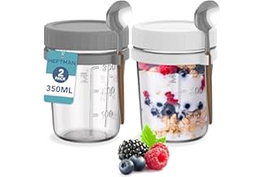 HEFTMAN Szklane słoiki na owies z pokrywkami – 2 opakowania 350 ml słoik na owies z łyżkami