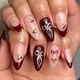 Nakhi 24 Reusable Artificial Fake Nail Set |Base maroon colour with Silver Bow Design Glossy Nails | Lightweight & Long Lasti