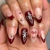 Nakhi 24 Reusable Artificial Fake Nail Set |Base maroon colour with Silver Bow Design Glossy Nails | Lightweight & Long Lasti