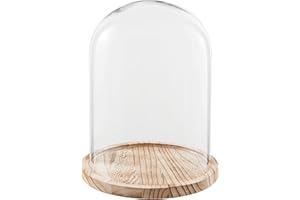 HAES DECO - Cloche en Verre avec Socle en Bois Marron Clair - Diamètre 23 cm et Hauteur 29 cm - Cloche en Verre Décorative Transparente avec Plateau en Bois - ST021711