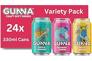 Gunna, Variety Pack of Soft Drinks, 24 Cans, Sparkling Soft Drinks and Perfect Mixer, Lemonade, Tropical, Raspberry, Ginger Flavours, 330ml x 24