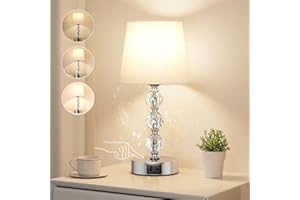 Aooshine Bedside Table Lamp, Crystal Touch Lamps Bedside with USB C+A Charging Ports, Small Bedside Lamp with 3 Way Dimmable, Bedroom Lamp with White Fabric Shade for Living Room (LED Bulb Included)