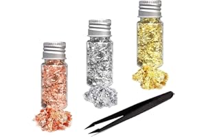 FUNNGY Feuille d'or Papier,3 Bouteilles de Feuilles d'or Décoratifs Paillette Feuille d'or Or Argent Rose Leaf Flakes Décoratif Papier avec Pince à épiler pour Artisanat Décoration et Bijoux en Résine