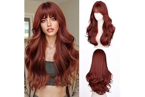 Fulang Hair Auburn Lange Gewellte Perücke für Frauen mit Vorhang Pony, Lange Lockige Hitzebeständige Faser Synthetische Perücke Ombre Perücken, peruka damen natürlich haare für den täglichen