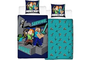 CHARACTER WORLD Ropa de cama infantil de 135 x 200 cm, reversible, diseño de Minecraft, 100% algodón, 80 x 80 + 135 x 200 cm, 2 piezas, para niños y adolescentes
