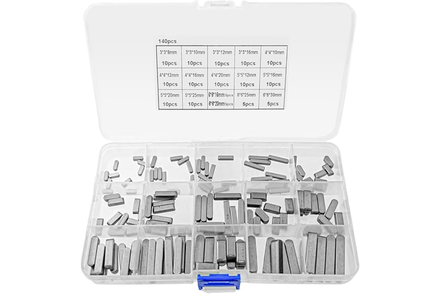 BuxiuGK 140 PCS Round Ended Feather Key Set with Transparent Plastic Box,15 Sizes Carbon Steel Parallel Driver Shaft Keys for Fastening Connection