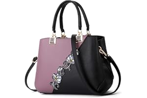 DIRRONA Moda Bolsos de Mano Elegantes Flores Bordadas Bolsa de Hombro Viajes Casual Gran Capacidad PU Cuero Tote Bolsos Escuela Diario Bolsos Cruzados con Adornos de Pompones Púrpura