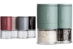 Vinsun Młynek do soli i pieprzu, zestaw 2 szt., kolor zielony, ceramiczny mechanizm mielący, regulowany, ręczny – małe młynki z pokrywką ø51 x 100 mm – stal nierdzewna, szkło akrylowe – młynki do