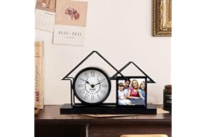 SIN&MI Table Clock Decorative Desk Shelf Clock with Photo Frame,Rustic Mantel Clock Battery Operate Silent Wall Clock